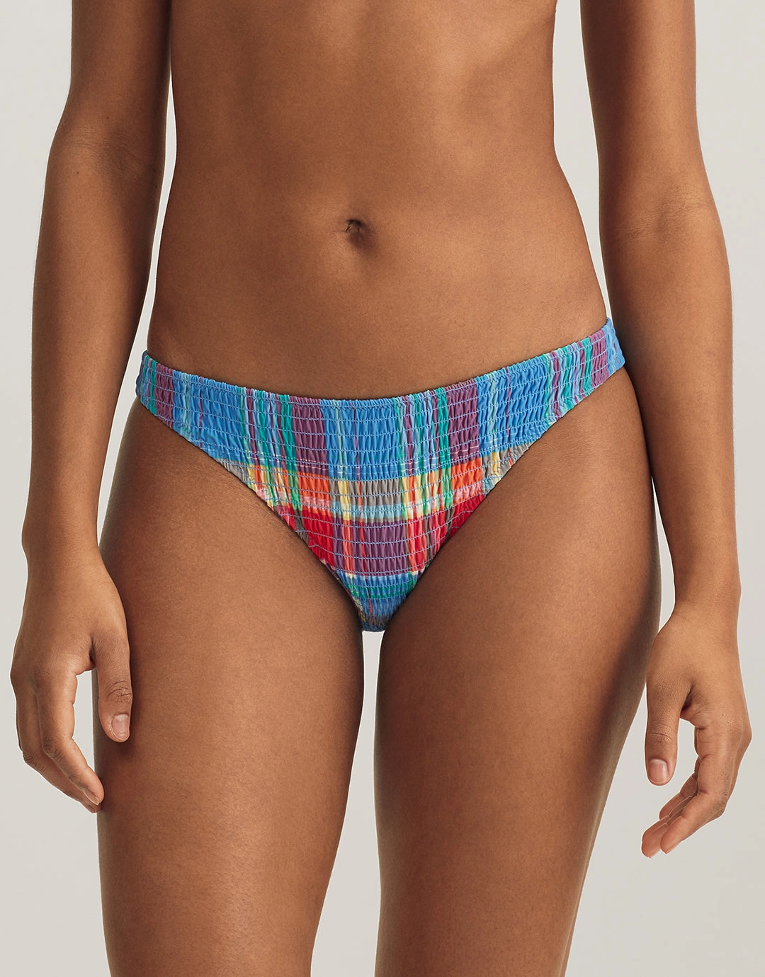 Smocked Madras Devin Hipster Bikini Pant - Multi adjustable swim bottoms women, flattering bikini bottoms
