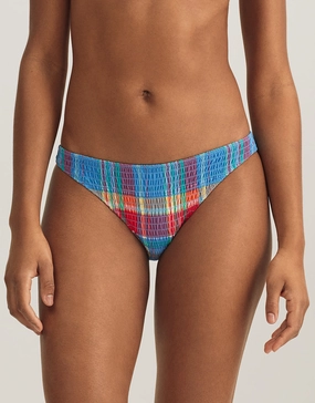 Smocked Madras Devin Hipster Bikini Pant - Multi adjustable swim bottoms women, flattering bikini bottoms