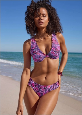 Smocked Moderate Bottom - Ditsy Pink Purple modest swim bottoms women, comfortable bikini bottoms
