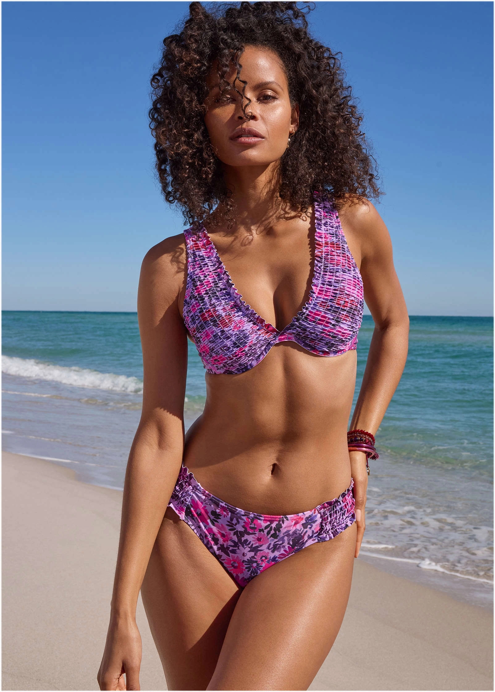 Smocked Underwire Top - Ditsy Pink Purple bandeau bikini tops, triangle swim tops