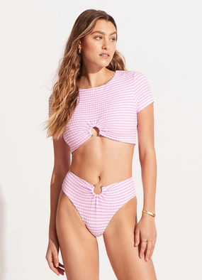 Sorrento Stripe High Waisted Bikini Bottom - Parfait Pink modern womens swimwear, one piece swimsuits women
