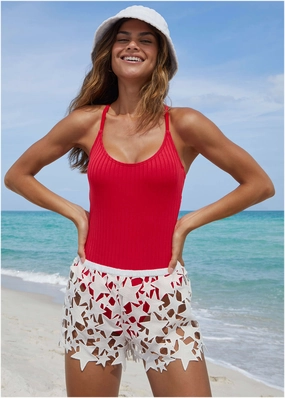 Star Lace Cover-Up Shorts - White plain swimwear women, minimalist swimsuits