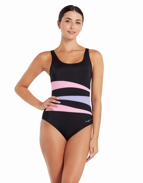 Sumatra Adjustable Scoopback Swimsuit - Black/Pink/Lilac minimalistic swimsuits women, sleek swimwear styles