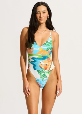 Sunset V Neck One Piece Swimsuit - Turquoise slimming one piece swimsuits, fashionable one piece suits