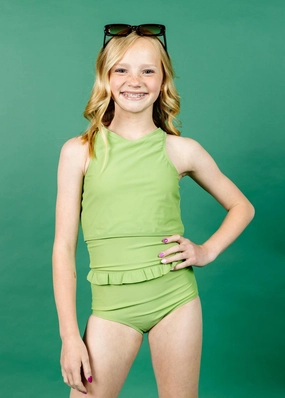 Sweet Pea Green | Youth Mid-Ruffle Bottoms toddler girl swimwear, summer swimwear for girls