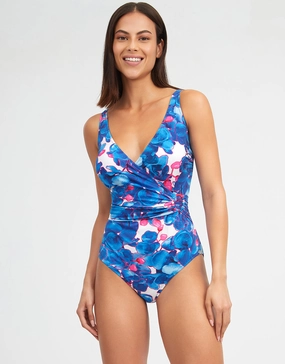 Tahiti Wrap Front Swimsuit - Blue Floral womens resort swimwear, flattering one-piece swimsuits