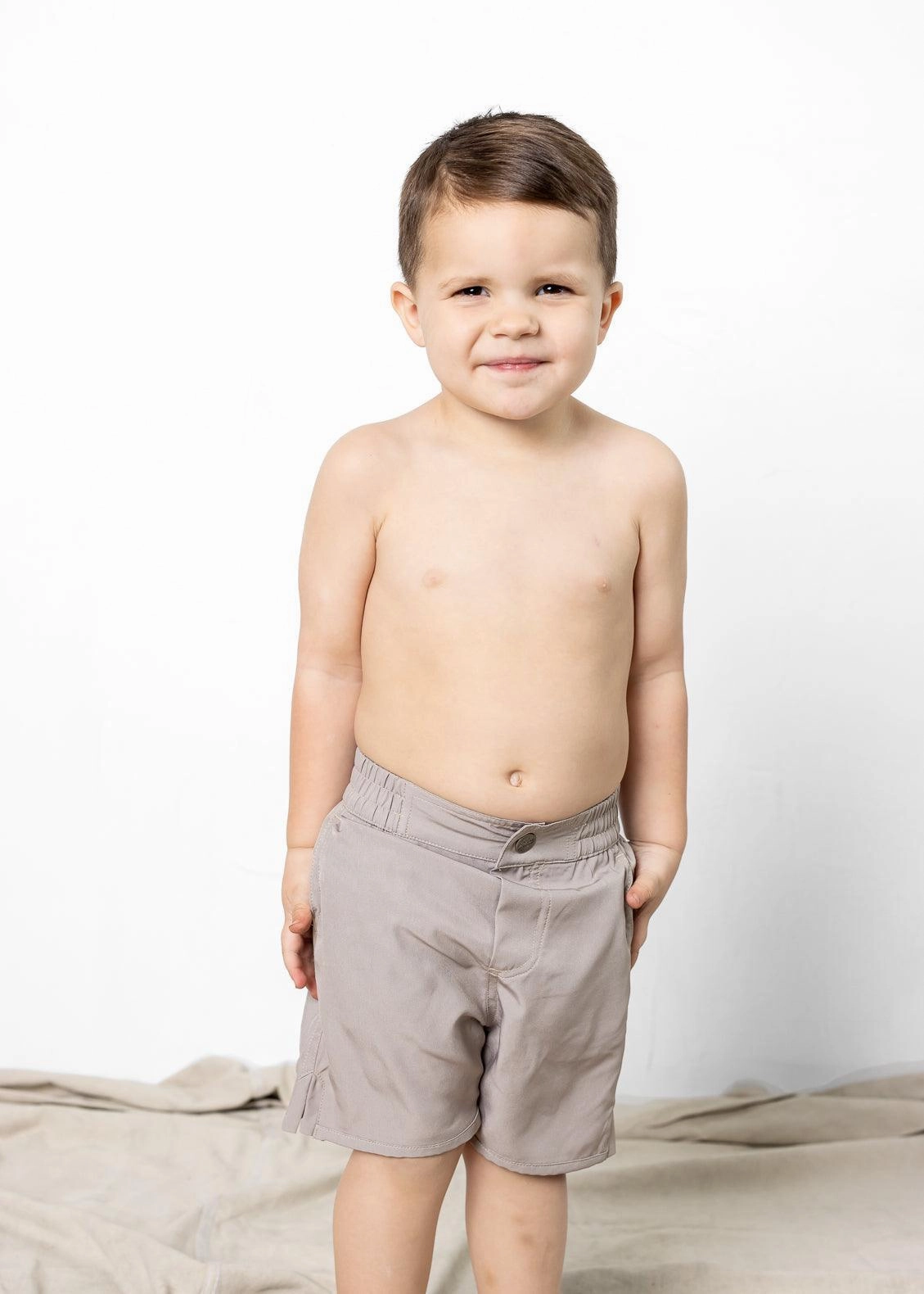 Taupe | Mini Boardies boys summer swimwear, boys rash guard swim sets