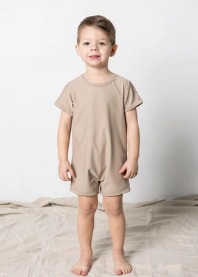 Taupe | Mini Shorties Rashguard (Unisex) boys summer swimwear, boys rash guard swim sets
