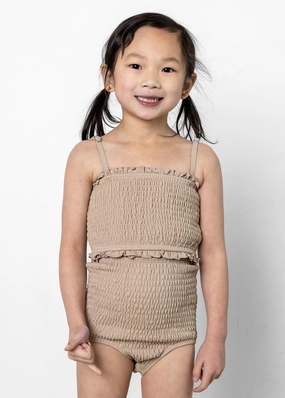 Taupe | Mini Smocked Bottoms toddler girl swimwear, summer swimwear for girls