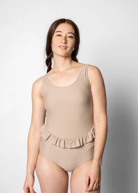Taupe | Skirted One-Piece elastic waistband swim bottoms, mix-and-match bikini bottoms