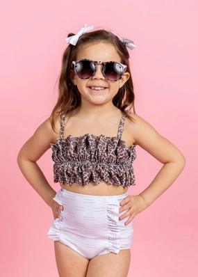 Taupe Dashes | Mini Down in Front Ruffle Bottoms toddler girl swimwear, summer swimwear for girls