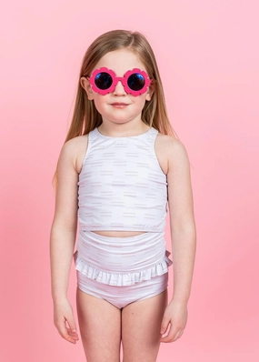 Taupe Dashes | Mini Mid-Ruffle Bottoms toddler girl swimwear, summer swimwear for girls