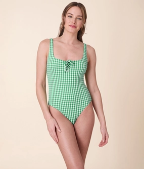 The Macao One Piece - Crinkle Gingham - Green Gingham - Classic luxury womens swimwear, swimwear for beach vacation