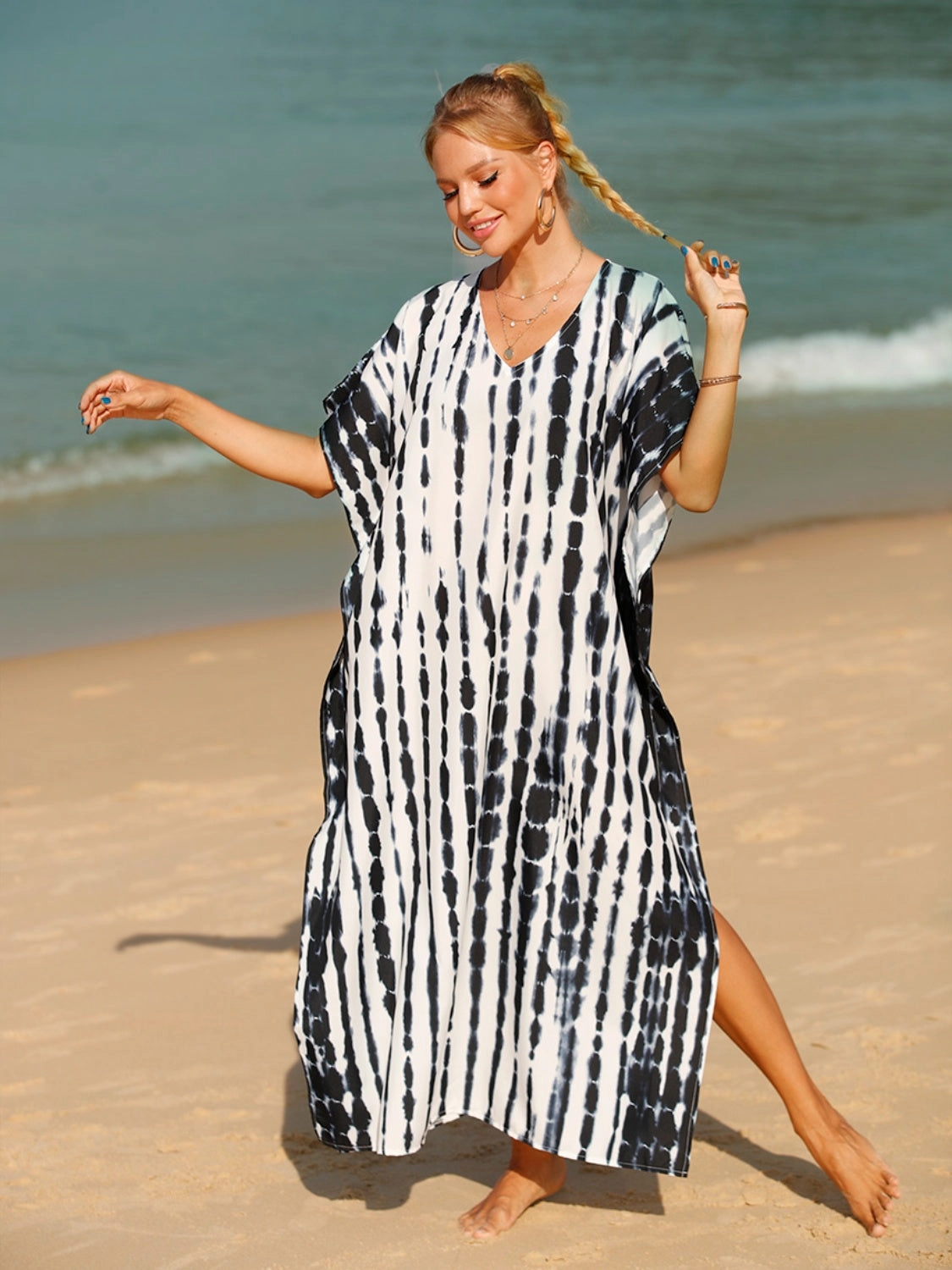 Tie-Dye V-Neck Half Sleeve Cover-Up durable swimwear women, travel-ready swimsuits for women