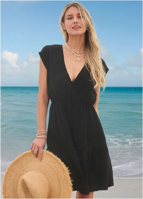 Tiered Cover-Up Dress - Black swimwear with tummy control, elegant swimsuits for women