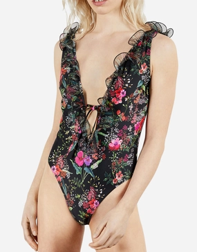 Tilulah Ruffle Plunge Swimsuit - Black pool-ready swimwear for women, trendy swimwear collection