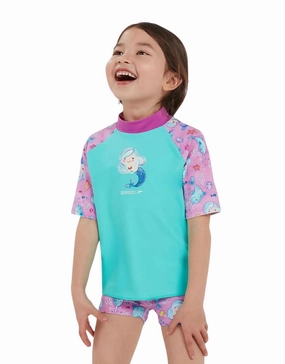 Tots Girls Printed Sun Protection Set - Green/Pink baby swimwear sets, toddler swimwear with sun protection
