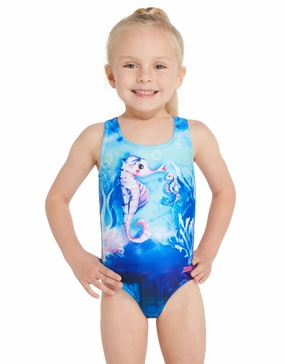 Tots Girls Sea Horse Actionback Swimsuit - Blue/Pink zoggs swimwear for women, zoggs goggles and swimsuits