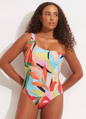 Tropfest Reversible One Shoulder One Piece - Aquamarine slimming one piece swimsuits, fashionable one piece suits