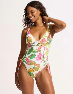 Tropica Drawstring Side Swimsuit - Ecru womens resort swimwear, flattering one-piece swimsuits