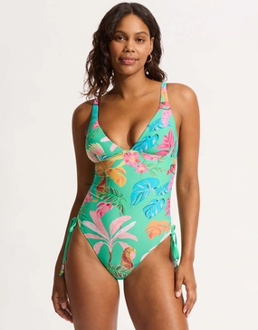 Tropica Drawstring Side Swimsuit - Jade womens resort swimwear, flattering one-piece swimsuits