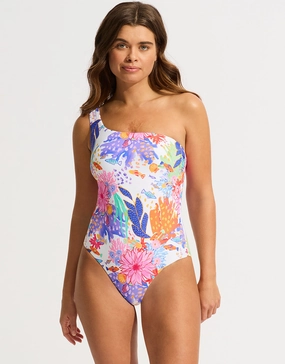 Under the Sea One Shoulder Swimsuit - White womens resort swimwear, flattering one-piece swimsuits