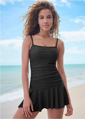 Venice Skirted Swim Dress - Black Beauty classic one piece swimwear, stylish single piece swimsuits
