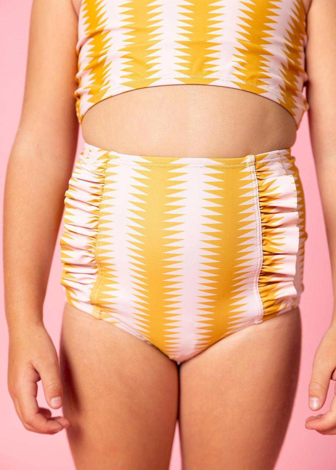 Vintage Triangles | Mini Down in Front Ruffle Bottoms toddler girl swimwear, summer swimwear for girls