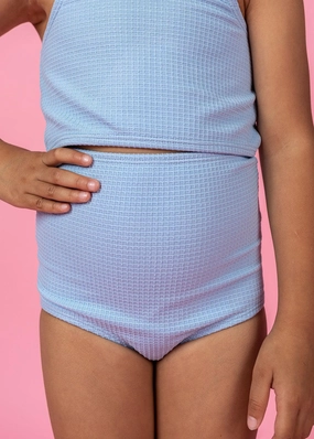 Waffled Barely Blue | Mini High-Waisted Bottoms toddler girl swimwear, summer swimwear for girls