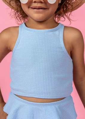 Waffled Barely Blue | Mini Racer Back Top toddler girl swimwear, summer swimwear for girls
