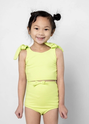 Waffled Glow Green | Mini Bow Bottoms toddler girl swimwear, summer swimwear for girls