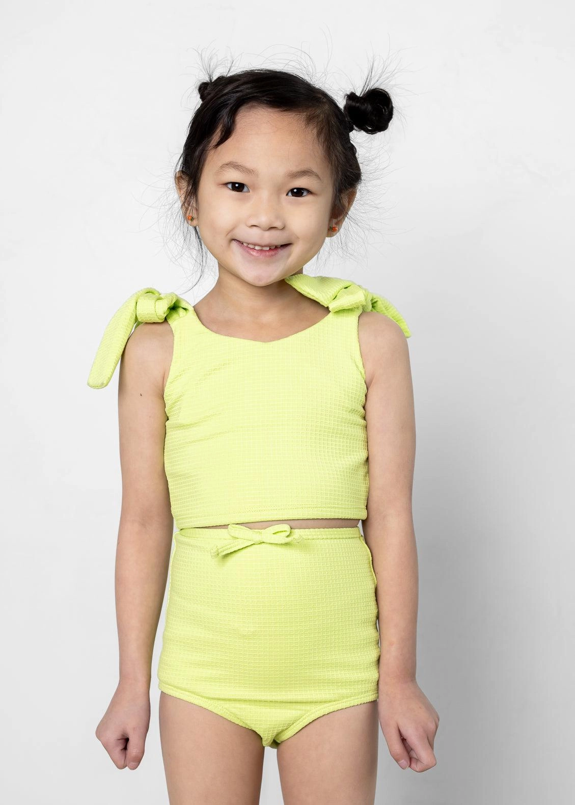 Waffled Glow Green | Mini Bow Bottoms toddler girl swimwear, summer swimwear for girls