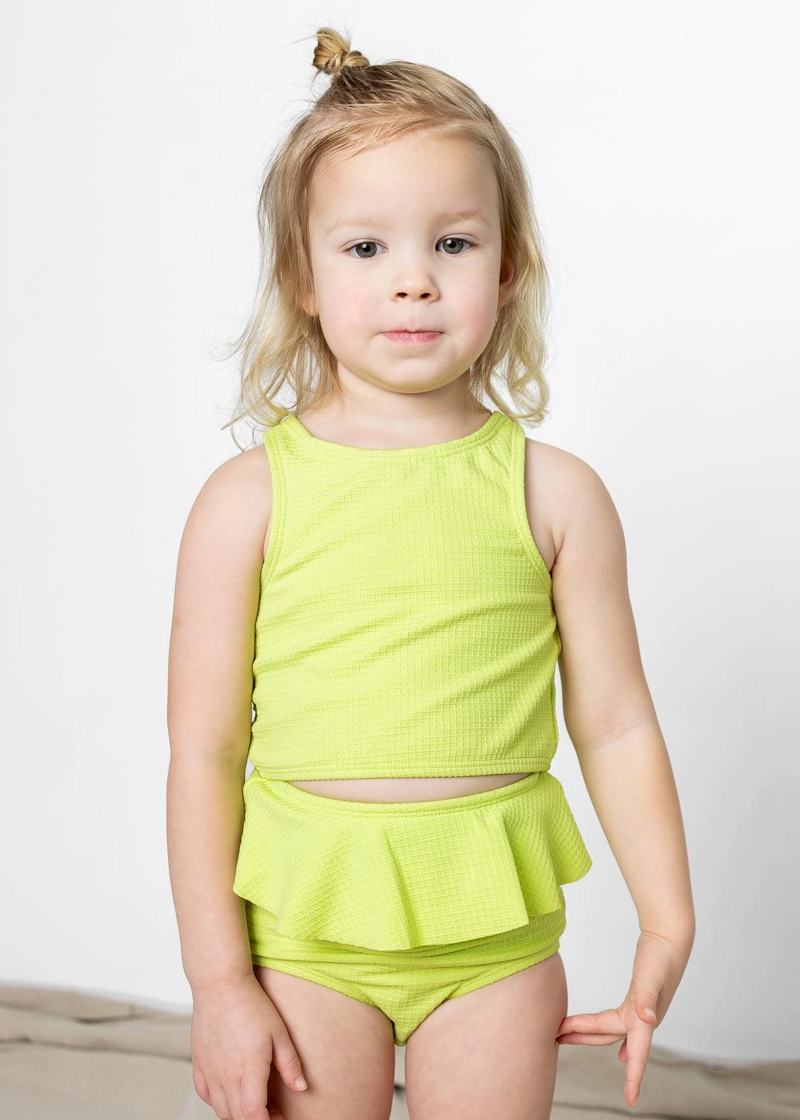 Waffled Glow Green | Mini Racer Back Top toddler girl swimwear, summer swimwear for girls