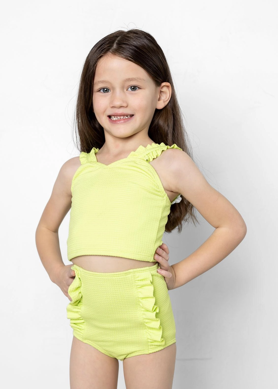 Waffled Glow Green | Mini Ripple Top toddler girl swimwear, summer swimwear for girls