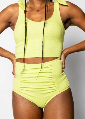 Waffled Glow Green | Ruched Bottoms 2.0 elastic waistband swim bottoms, mix-and-match bikini bottoms