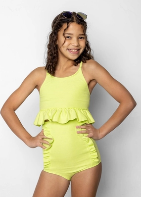 Waffled Glow Green | Youth Down in Front Ruffle Bottoms toddler girl swimwear, summer swimwear for girls