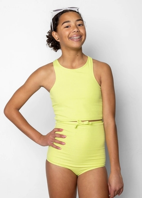 Waffled Glow Green | Youth Racer Back Top toddler girl swimwear, summer swimwear for girls
