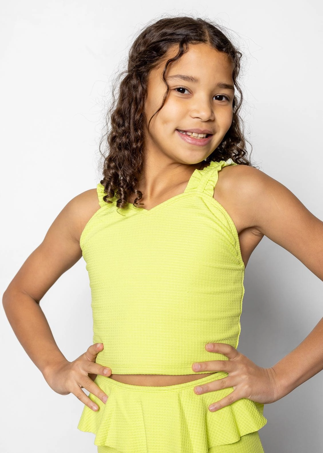 Waffled Glow Green | Youth Ripple Top toddler girl swimwear, summer swimwear for girls
