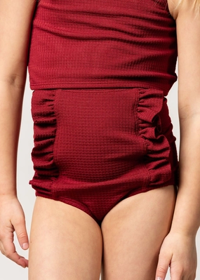 Waffled Maroon | Mini Down in Front Ruffle Bottoms toddler girl swimwear, summer swimwear for girls