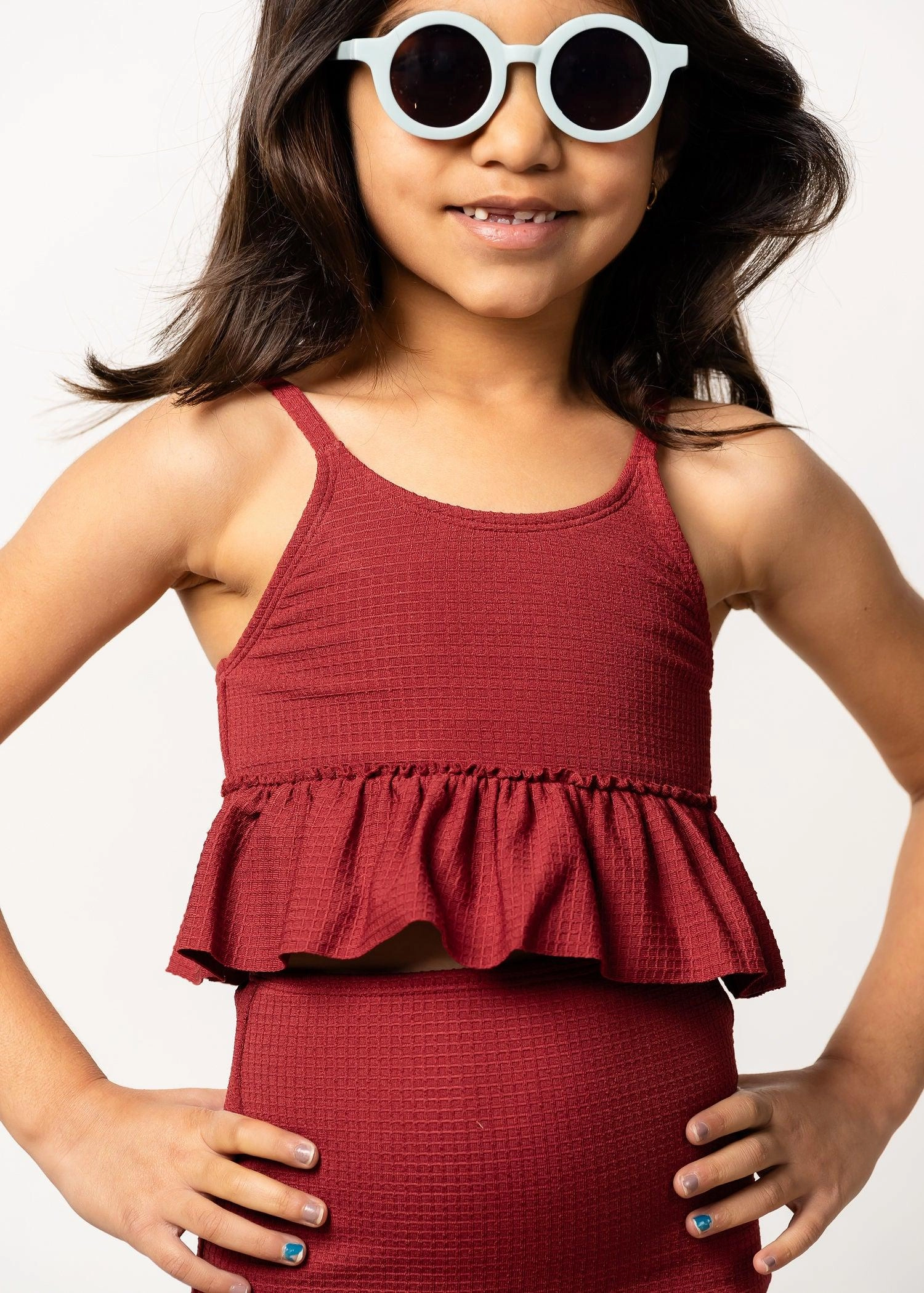 Waffled Maroon | Mini Peplum Top toddler girl swimwear, summer swimwear for girls