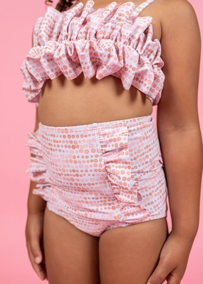 Watercolor Dots | Mini Down in Front Ruffle Bottoms toddler girl swimwear, summer swimwear for girls