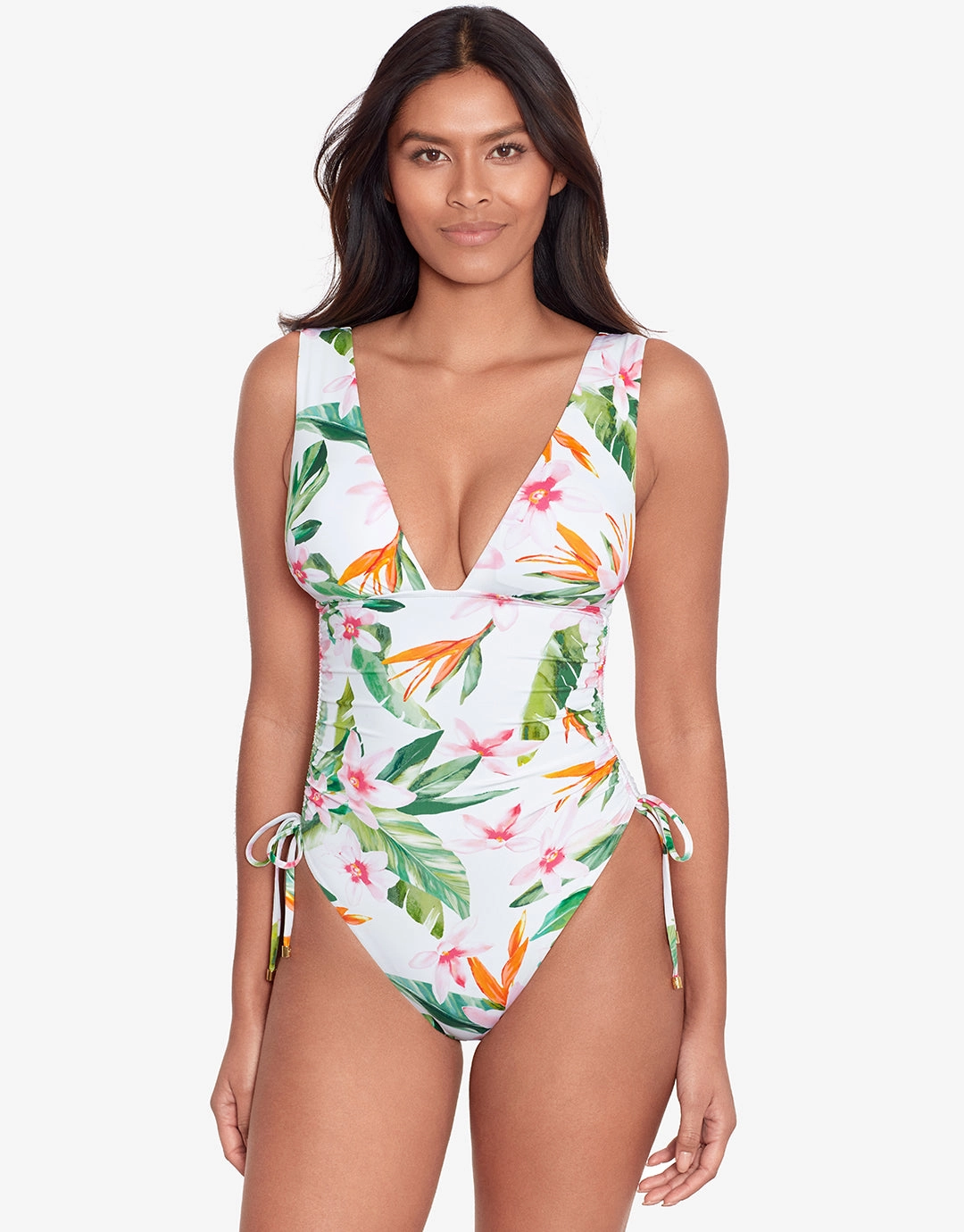 Watercolour Tropical Shirred Plunge Swimsuit - White Multi womens resort swimwear, flattering one-piece swimsuits