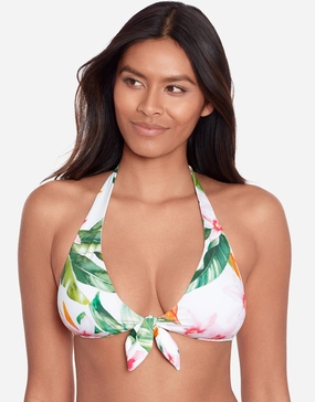 Watercolour Tropical Tie Front Halter Bikini Top - White Multi full coverage swim tops, cute bikini tops