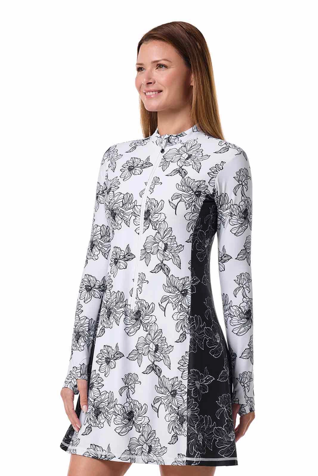 Women's Aspen Sunrise Long Sleeve Swim Dress | White/Black Colorblock