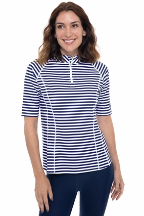 Women's Freestyle Short Sleeve Rash Guard | White/Navy Stripe adjustable swimsuits for women, breathable swimwear for ladies