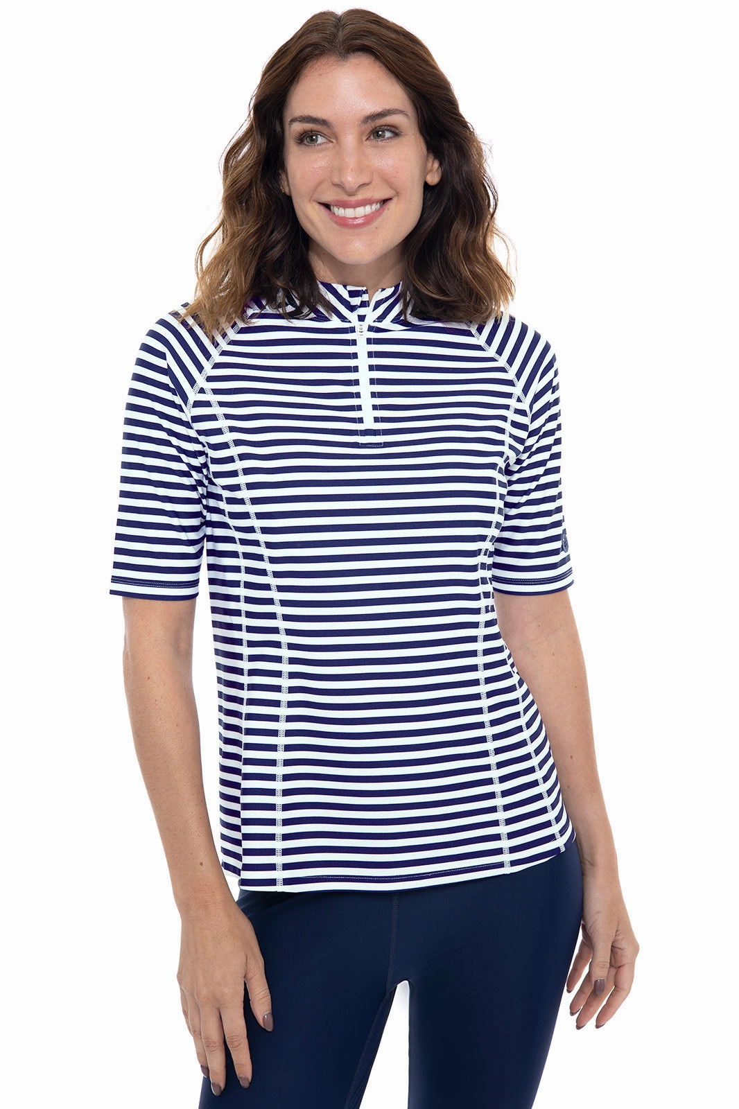 Women's Freestyle Short Sleeve Rash Guard | White/Navy Stripe adjustable swimsuits for women, breathable swimwear for ladies