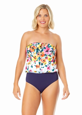Women's Gradient Floral Strapless Blouson Keyhole One Piece Swimsuit supportive one piece swimwear, stretch fit one piece suits