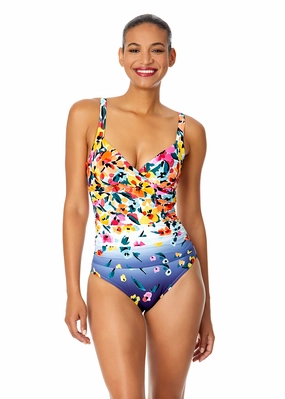 Women's Gradient Floral Underwire Surplice One Piece Swimsuit supportive one piece swimwear, stretch fit one piece suits