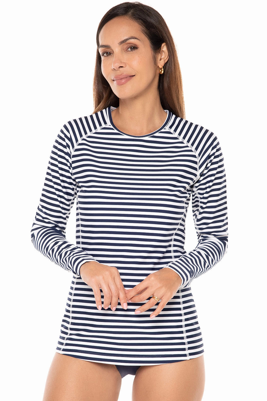 Women's Hightide Long Sleeve Swim Shirt | White/Navy Stripe