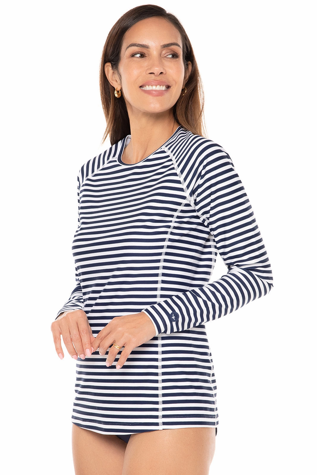 Women's Hightide Long Sleeve Swim Shirt | White/Navy Stripe adjustable swimsuits for women, breathable swimwear for ladies